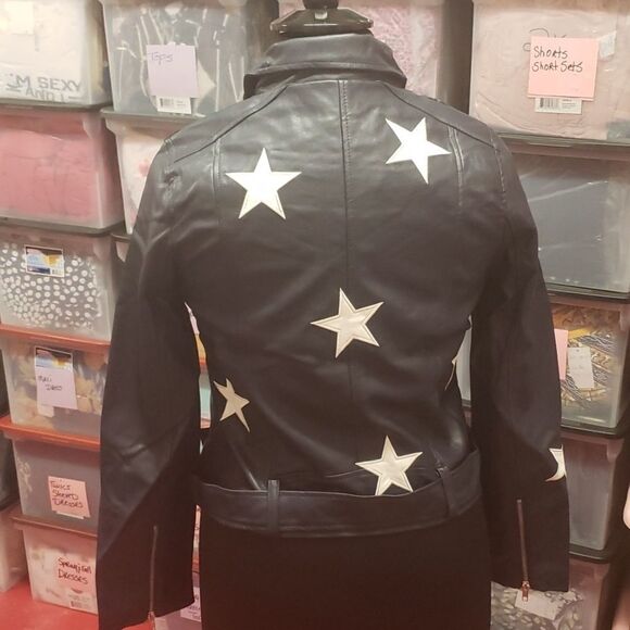 Leather jacket Embroidered white stars size L 10-12 - Picture 8 of 8
